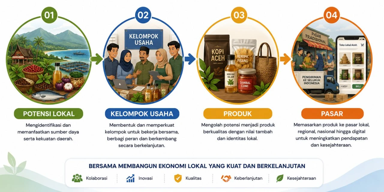 Alur pengembangan ekonomi lokal: potensi lokal, kelompok usaha, produk, dan pasar